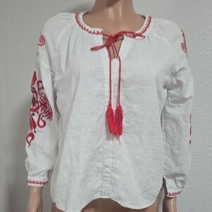 Velzera White Blouse with Red Embroidery